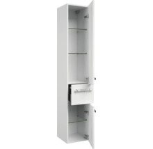 Offener, schmaler Badezimmerschrank mit Regalböden, Schublade und Türen
