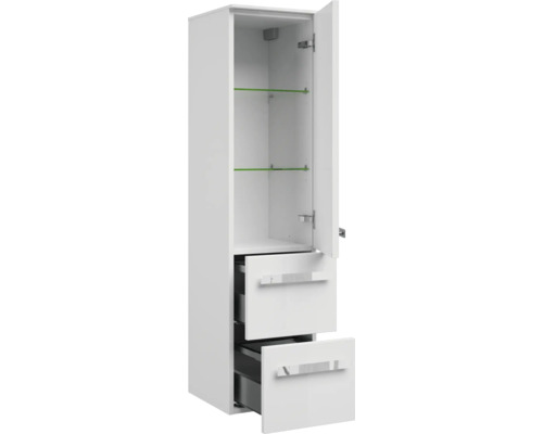 Weißer Bad-Hochschrank mit zwei Schubladen und einer offenen Tür mit Glasböden