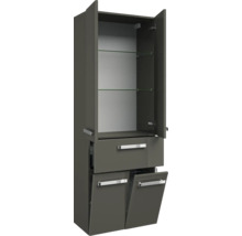 Grauer Badschrank mit offenen Türen, Schublade und Glasregalen