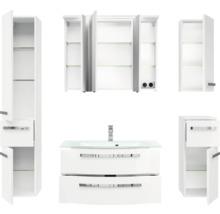 Weißes Badezimmermöbelset mit Waschbeckenunterschrank, Spiegelschrank und Hochschränken