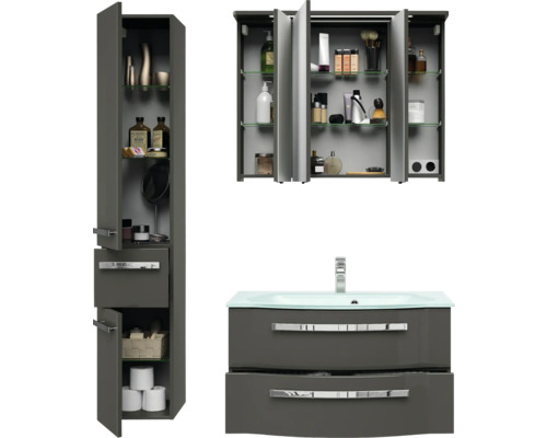 Badezimmerensemble mit Waschtischunterschrank, Spiegelschrank und Hochschrank