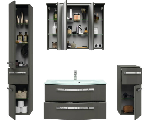 Badezimmer-Set mit Spiegelschrank, Waschtisch, Hochschrank und Seitenschrank