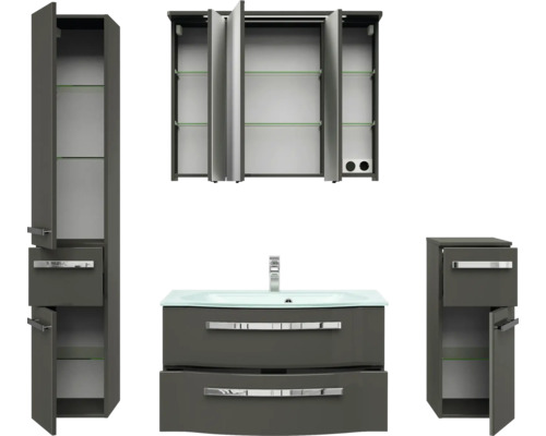 Badezimmergarnitur mit Waschtisch, Spiegelschrank und Hochschränken