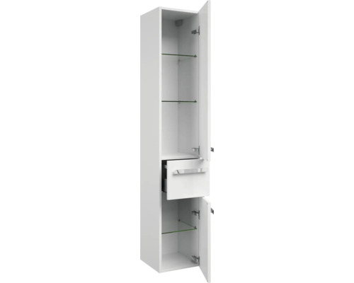 Weißer Badhochschrank mit Schublade und Glaseinlegeböden