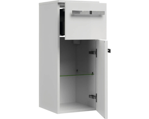 Weißer Bad-Hängeschrank mit Schublade und Tür mit Glasablage