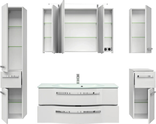 Weißes Badezimmermöbelset mit Waschbeckenunterschrank, Spiegelschrank und Hochschränken