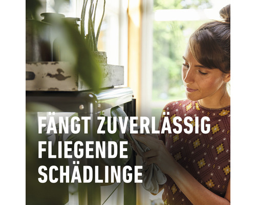 Frau befestigt zuverlässige Schädlingsbekämpfung gegen fliegende Insekten