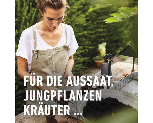 Frau bereitet Anzuchttöpfe mit Erde für die Aussaat von Jungpflanzen und Kräutern vor