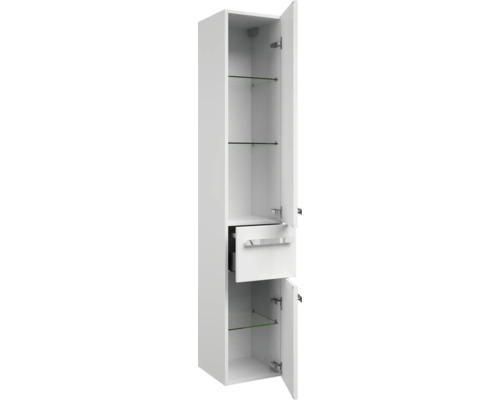 Weißer Bad-Hochschrank mit Regalböden und Schublade