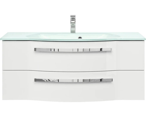 Waschtischunterschrank mit zwei Schubladen und Glaswaschbecken