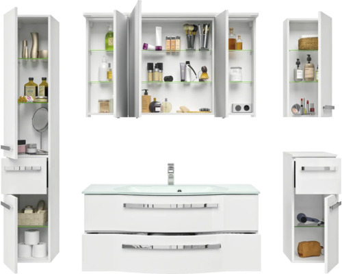 Badezimmerensemble mit Waschbeckenunterschrank, Spiegelschrank und Hochschränken für ein helles und geräumiges Ambiente