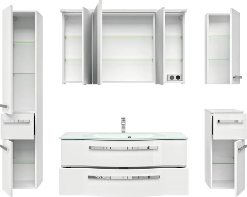 Weißes Badezimmermöbel-Set mit Waschbeckenunterschrank, Spiegelschrank und Hochschränken