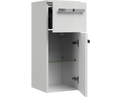 Weißer Badezimmer-Hängeschrank mit einer Schublade und einer Tür mit Glasregal