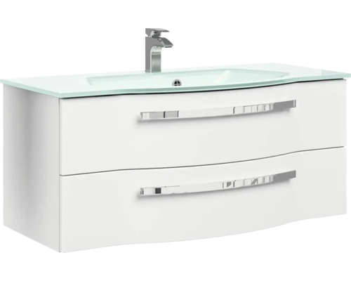 Weißer Waschtischunterschrank mit zwei Schubladen, Glaswaschbecken und Armatur