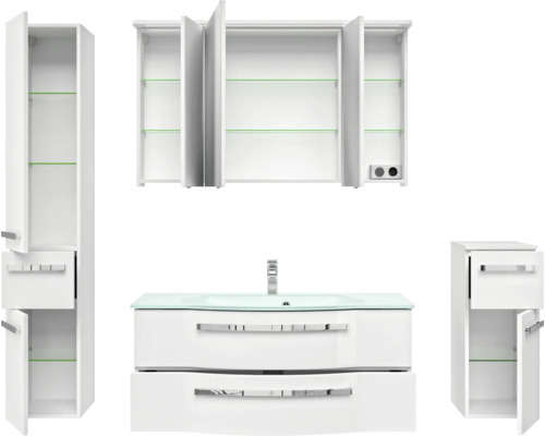Weißes Badezimmermöbelset mit Waschtischunterschrank, Spiegelschrank und Hochschrank