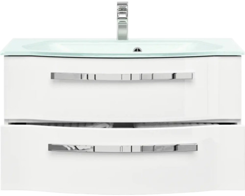 Waschtisch mit zwei Schubladen, Glaswaschbecken und Armatur