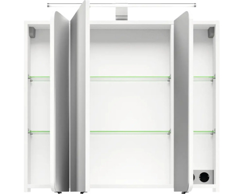 Weißer Spiegelschrank mit geöffneten Türen und Glasregalen.