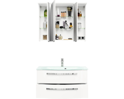 Weißer Waschtisch mit Spiegelschrank für das Badezimmer