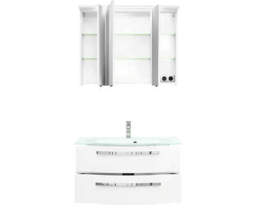 Badezimmerkombination mit Spiegelschrank, Waschbecken und Unterschrank