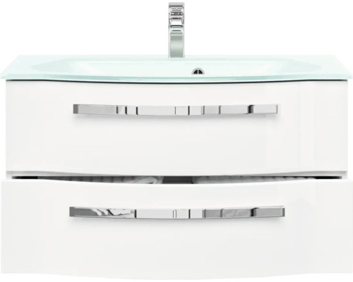 Waschbeckenunterschrank mit zwei Schubladen und Glaswaschbecken