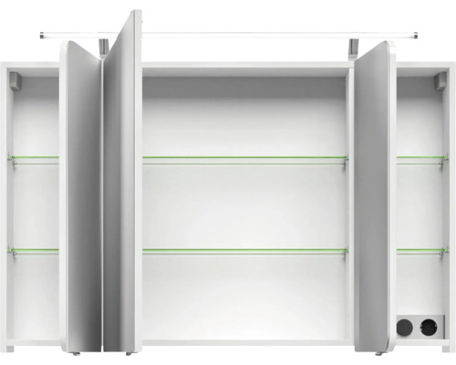 Offener dreitüriger Spiegelschrank mit Glasböden