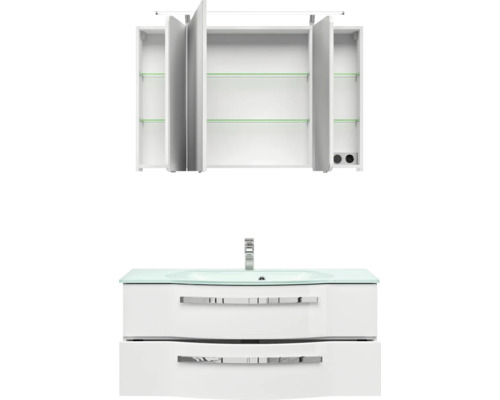 Weißer Waschtischunterschrank mit Waschbecken und Spiegelschrank für das Badezimmer.