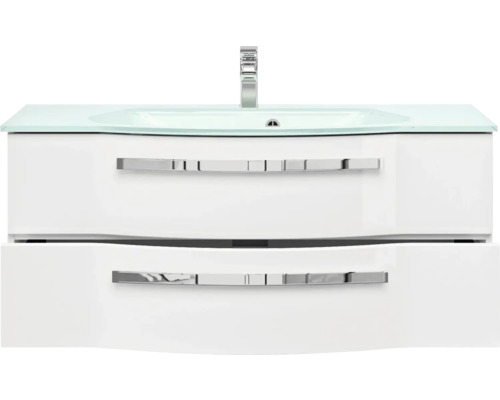 Waschtischunterschrank mit zwei Schubladen, Glaswaschtisch und Armatur