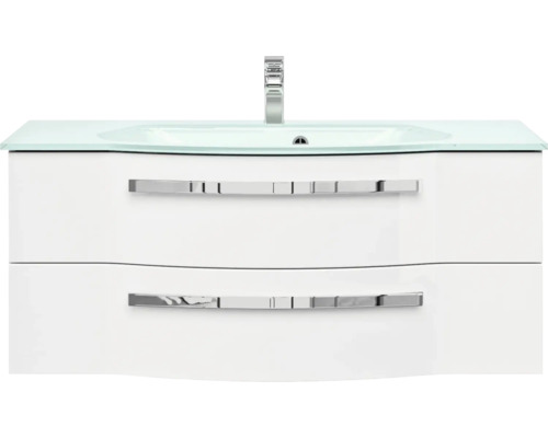 Waschtisch mit zwei Schubladen, Armatur und Glaswaschbecken