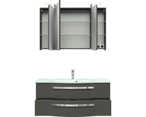 Badezimmer-Set bestehend aus Waschbeckenunterschrank und Spiegelschrank mit offenen Türen