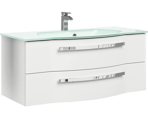 Weißer Waschtischunterschrank mit Glaswaschbecken und zwei Schubladen