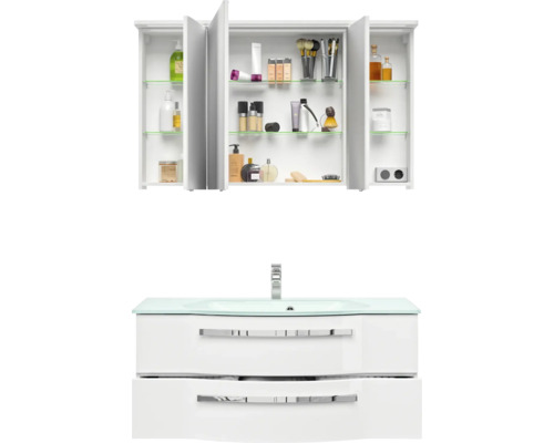 Waschtisch mit Waschbeckenunterschrank und Spiegelschrank mit geöffneten Türen