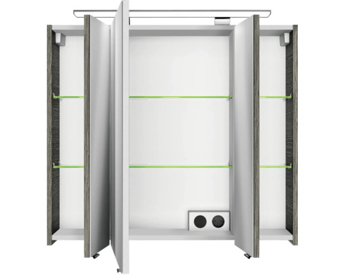 Offener Spiegelschrank mit Einlegeböden und Steckdosen