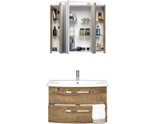 Badezimmerset mit Waschtischunterschrank, Waschbecken und Spiegelschrank mit Regalböden