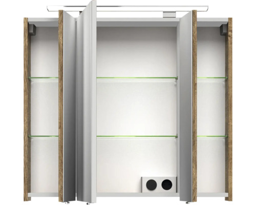 Offener Spiegelschrank mit Holzrahmen und Glasablagen