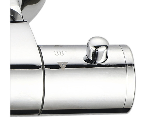 Detailaufnahme eines Armaturenventils mit 38-Grad-Markierung und Sicherheitssperre