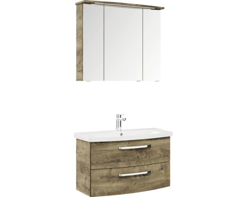 Waschtisch mit zwei Schubladen und Spiegelschrank mit drei Türen