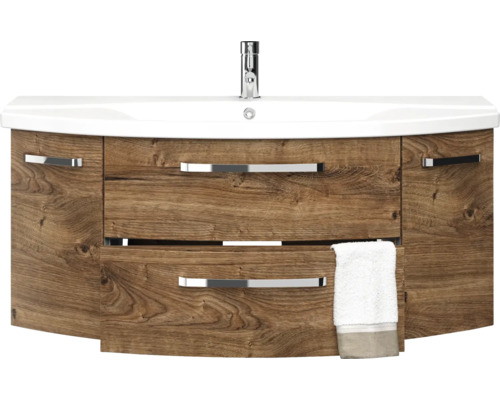 Waschtischunterschrank mit Waschbecken, Holzoptik und Handtuch