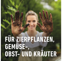 Frau mit schmutzigen Händen und Text für Zierpflanzen, Gemüse, Obst und Kräuter