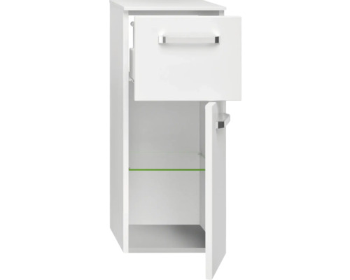 Weißer Badschrank mit Schublade, Tür und Glaseinlegeboden