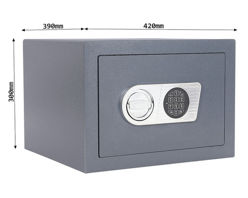 Grauer Geldschrank mit den Abmessungen 390 mm, 300 mm und 420 mm