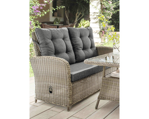 Zweisitzer-Gartenbank aus Rattan mit Polster und Kissen