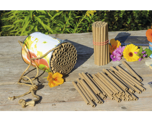 Insektenhotel mit Röhren aus Naturmaterialien, dient als Nisthilfe für Wildbienen