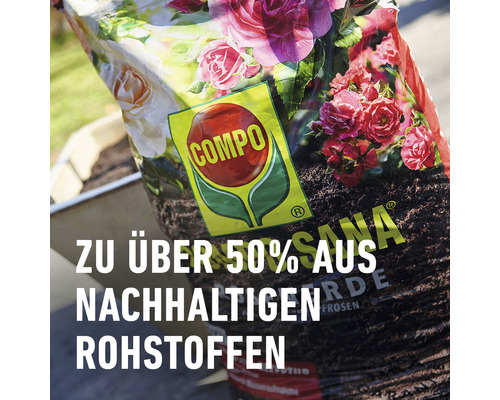 Sack Blumenerde mit Compo Logo und Rosenmotiv, zu über 50 Prozent aus nachhaltigen Rohstoffen