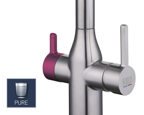 Wasserhahn mit separaten Hebeln für gefiltertes und ungefiltertes Wasser, KEO Logo