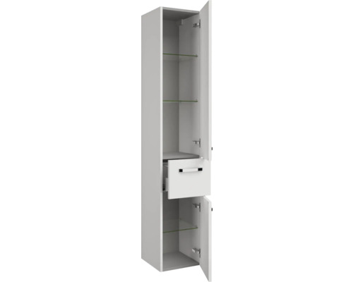 Badezimmer Hochschrank mit Schublade und offenen Türen