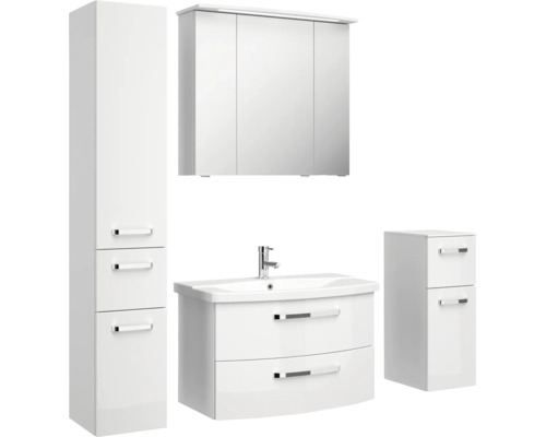 Weißes Badezimmermöbelset mit Spiegelschrank, Waschtisch, Hochschrank und Unterschrank