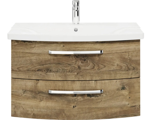 Waschtischunterschrank mit zwei Schubladen, Armatur und Holzdekor