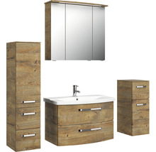 Badmöbel-Set Pelipal Serie 4010 BxHxT 144 x 200 x 45 cm Frontfarbe eiche ribbeck Badmöbelset 5-teilig und mehr mit Waschtisch Keramik weiß und Keramik-Waschtisch Waschtischunterschrank Spiegelschrank mit LED-Beleuchtung Unterschrank