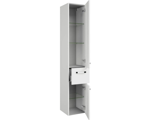 Weißer Bad-Hochschrank mit Glasböden, Schublade und offenen Türen