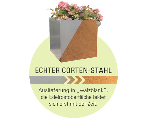 Blumenkasten aus Cortenstahl und Edelstahl mit Pflanzen